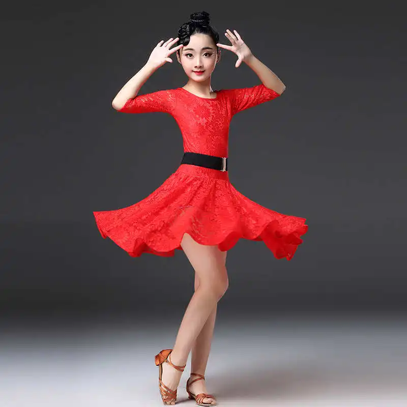 short red Кружевная детская одежда для латинских танцев, танцевальная одежда для соревнований, платье для танго, Фламенго, бальных танцев, сальсы, румбы, ча-ча, для девочек - Цвет: short red