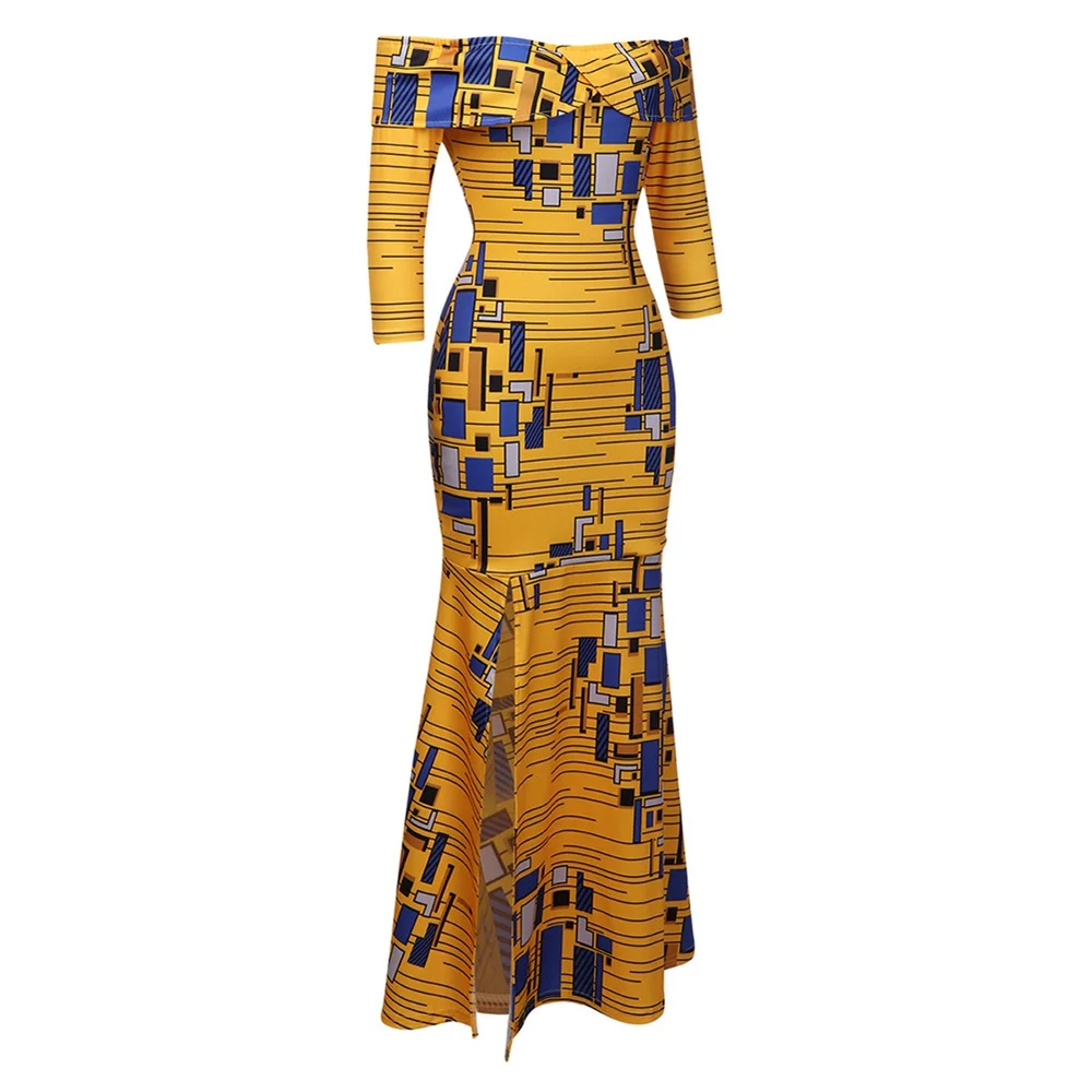 SUNGIFT Дашики Женская африканская одежда Анкара с открытыми плечами с принтом, воротник с оборками, рукав до локтя, рыбий хвост, разрез, элегантные вечерние платья