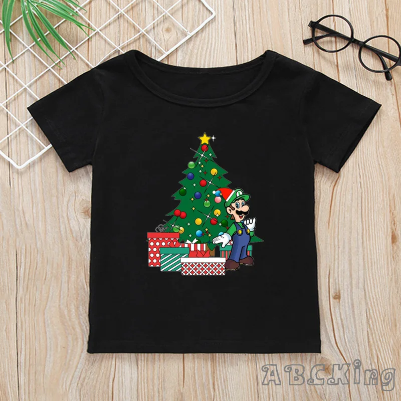 Kids Super Mario Bros/Luigi With Christmas Tree Print Cartoon T Shirt Boys/Girls Tops Children Funny Black T-Shirt,HKP5524 - Цвет: Modal Black B