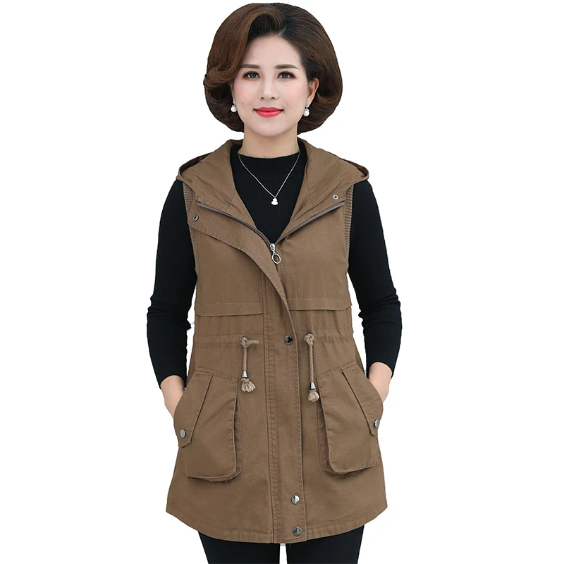 

Mommy Fashion Cotton Vest Spring Autumn Slim Waist Thin Hooded Vest 2020 New Pocket Zipper Vest L71