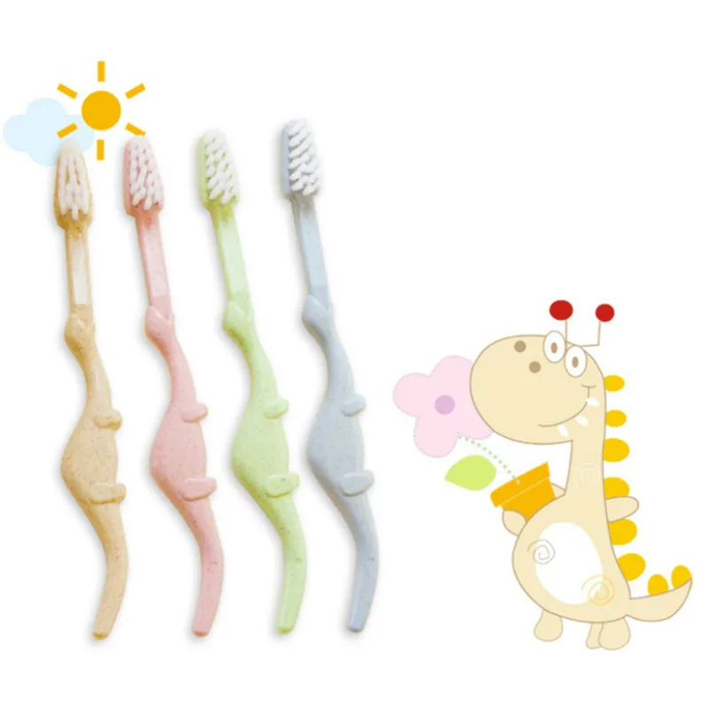 3 шт. детская зубная щетка в форме динозавра, натуральная Пшеничная солома, мультяшная зубная щетка для малышей, уход за полостью рта, бамбуковое волокно