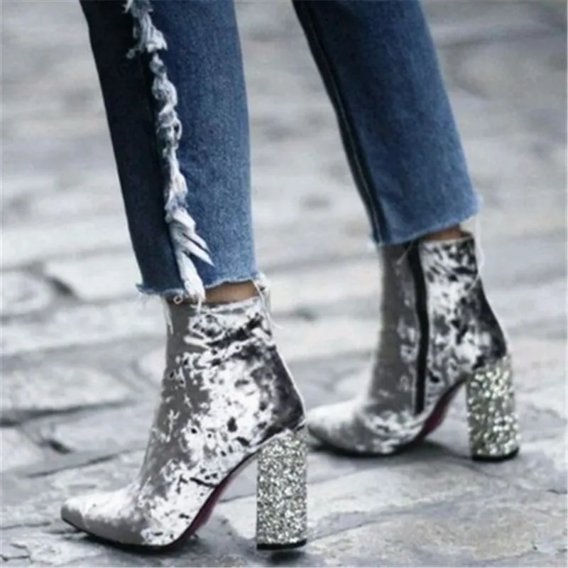 

Autumn Winter Women Pointed Toe Zipper Booties Flock Cloth Sequined Square heel Fashion Ankle Boots High Heels Woman Sapatos