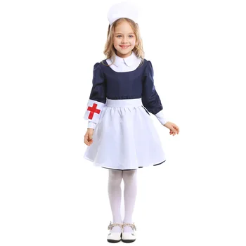 

2019 Children's Festival Party Nurse Role-plays Uniform Girl's Blue and White Maid Nurse Dress Set For Halloween