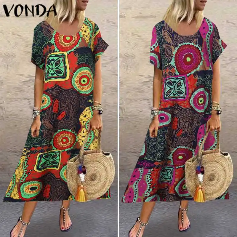 VONDA, женское платье из хлопка и льна, сексуальное, короткий рукав, с принтом, платья для вечеринок,, летний сарафан, Повседневное платье, Vestidos размера плюс