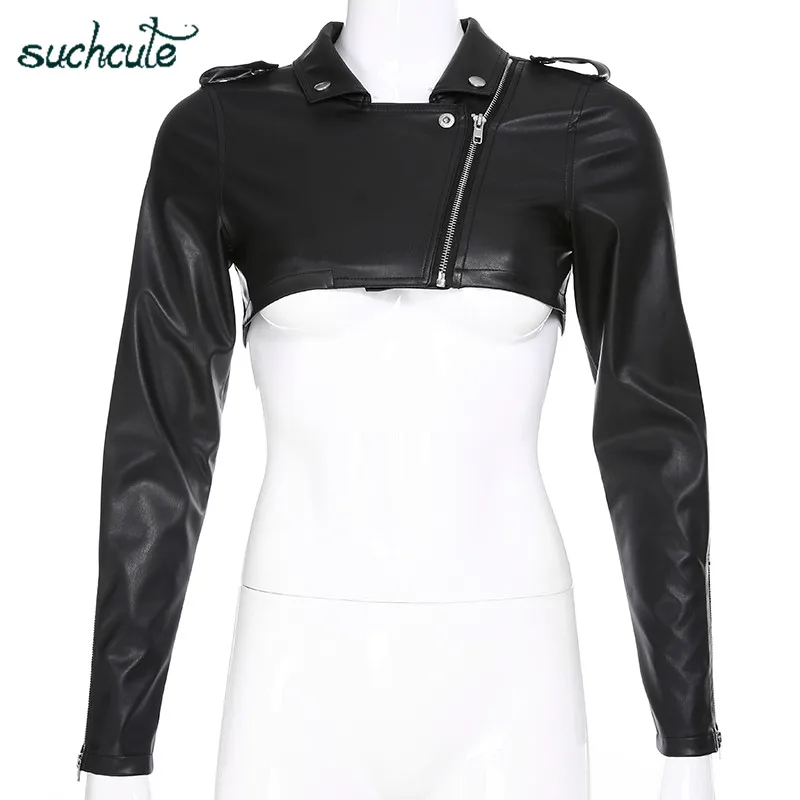 SUCHCUTE пальто из искусственной кожи для женщин куртка на молнии Casaco Feminino корейский стиль Modis черный осень Harajuku пальто для женщин