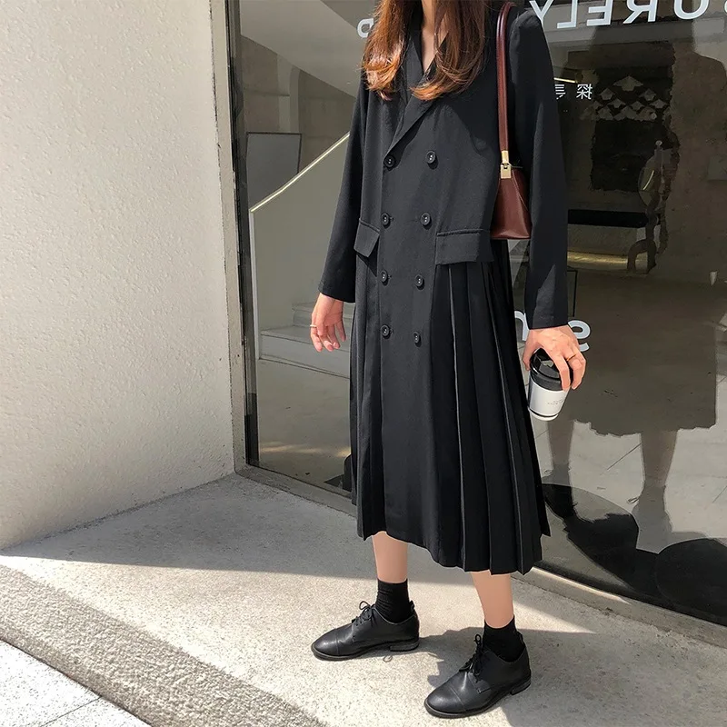 

Pleated Joint Suit Skirt 2019 Autumn New Style Double Breasted Mid-length Dress Black Dress Women's