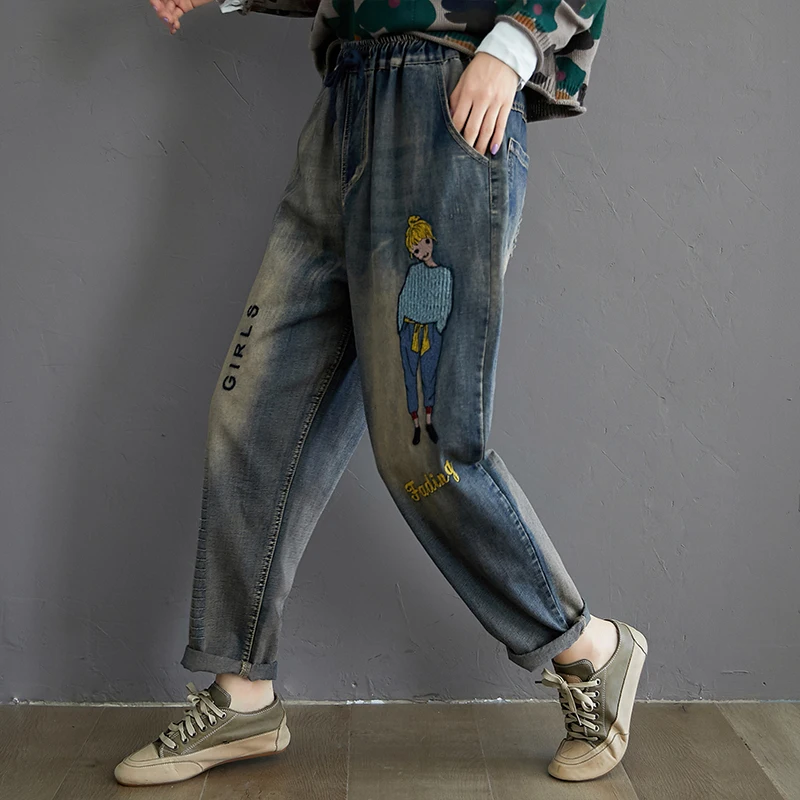 Весна-Осень, женские джинсы больших размеров, винтажные брюки, свободные джинсы с вышивкой для девочек, повседневные длинные джинсы, Новинка