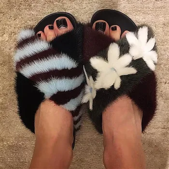 

Asymmetrical flower embellished posh fur slippers flat heel lazy outdoor footwear designer shoes women