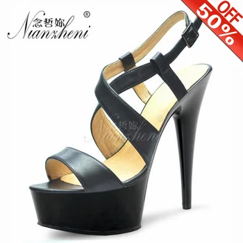 

15cm Woman Summer Platform Crystal Stiletto Buckle Sandals Black Pole Dance Dress Model Gladiator Shoes 5 Inch Sexy High Heels