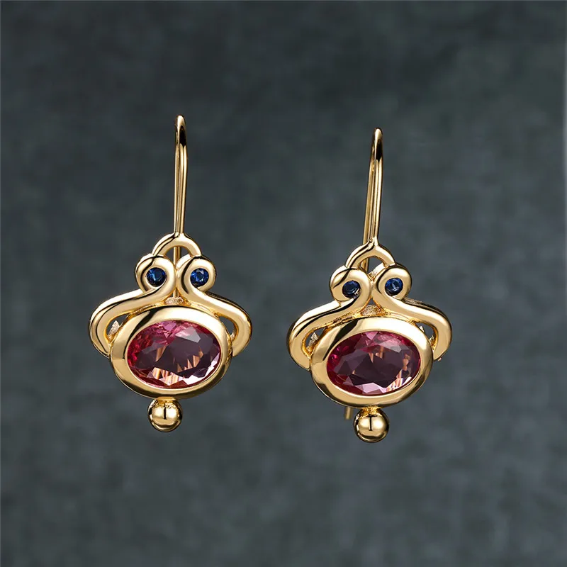 Antique Red Oval Stone Drop Earrings Vintage Fashion Yellow Gold Color Dangle Earrings For Women Charm Crystal Wedding Earrings
