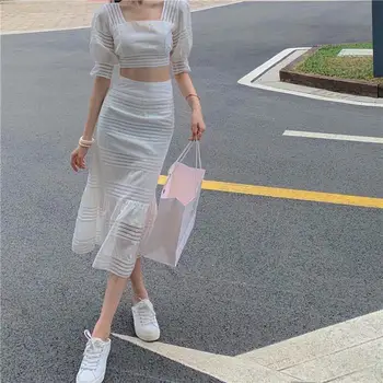 

Women Sexy Square Neck Two Piece Suit Backless Puff Sleeve Crop Top Bow Ruffles High Waist Midi Skirt Set Outfits