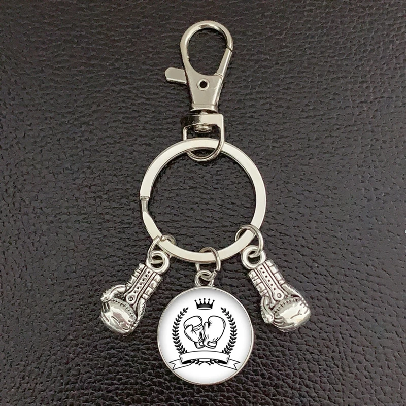 New fashion glass cabochon keychain boxing glove pendant boxing lobster clasp DIY men and women car keychain gift