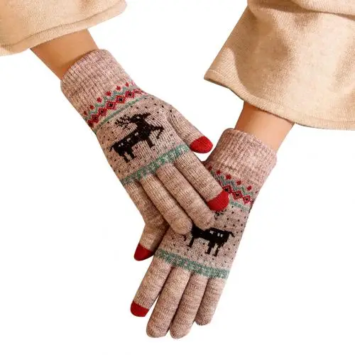 Vintage christmas deer knitted gloves women thicken touch screen gloves winter warm snow Elk full finger mittens christmas gift - Цвет: Коричневый
