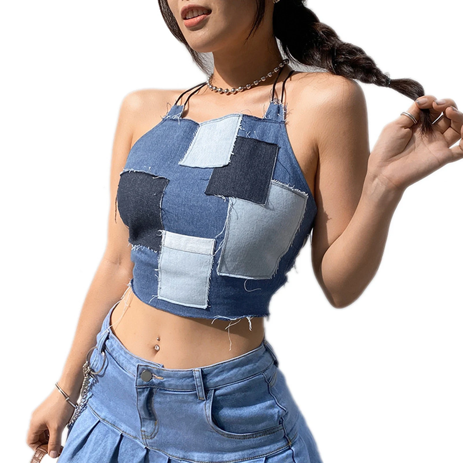 

FY Women's T Shirt Fashion Sleeveless Denim Vest Contrast Color Stitching Underwaist High Waist Backless Tank Tops Woman Shirt