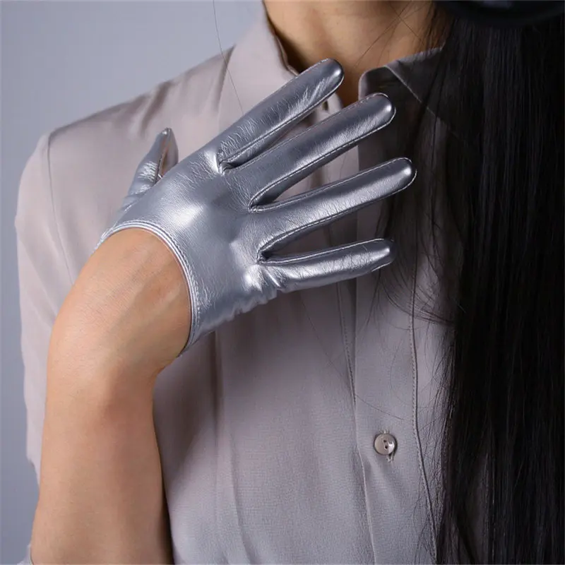 patent Leathersilver 13 см кожаные перчатки с сенсорным экраном Ультра короткие стильные из искусственной кожи с зеркальным покрытием яркая кожа Королевский синий кобальт синий PU116 - Цвет: patent Leathersilver