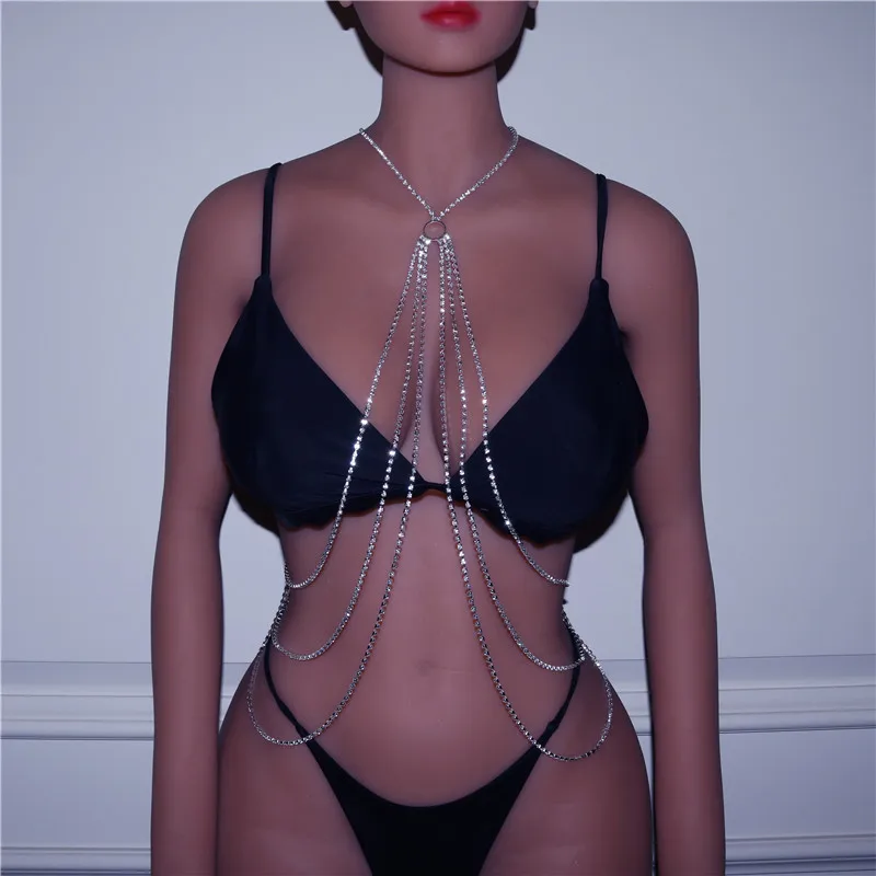 

Luxury Long Necklace Women Multi Row Full Crystal Wedding Party Prom Christmas Body Chain Sexy Rhinestone Statement Chocker