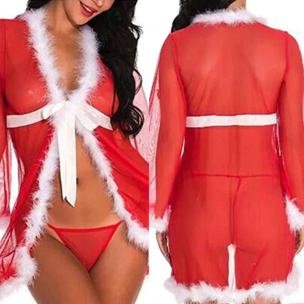 Рождественское нижнее белье, женское прозрачное кружевное нижнее белье со стрингами, рождественское нижнее белье, сексуальное Эротическое ночное белье, ночная рубашка, длина 35
