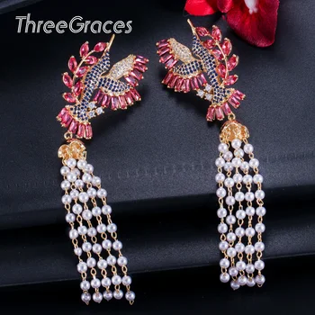 

ThreeGraces Vintage Flying Bird and Pearl Tassel Earrings Cubic Zirconia Long Dangle Earring for Women Wedding Jewelry ER068