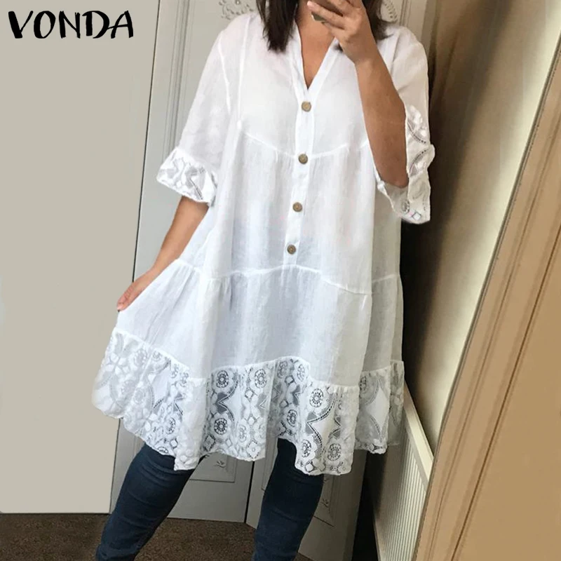 VONDA, кружевные топы и рубашки, Женская Сексуальная Пляжная блуза с v-образным вырезом и расклешенными рукавами, лето, богемная туника, повседневные блузы S-5XL размера плюс
