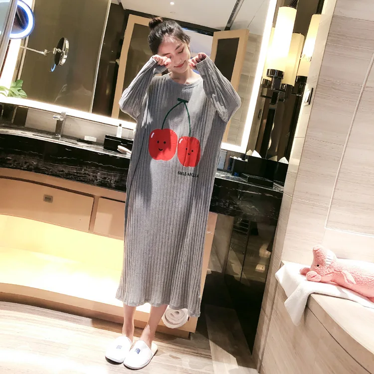 

Large Size Long Sleeve Nightgown Women's 200 Long Autumn And Winter Dress Large GIRL'S Pure Cotton Pajamas-Outer Wear Tracksuit
