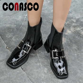 

CONASCO Concise Casual Ankle Boots For Women Autumn Winter Genuine Leather Shoes Woman New Metal Decoration Thick Heels Boots
