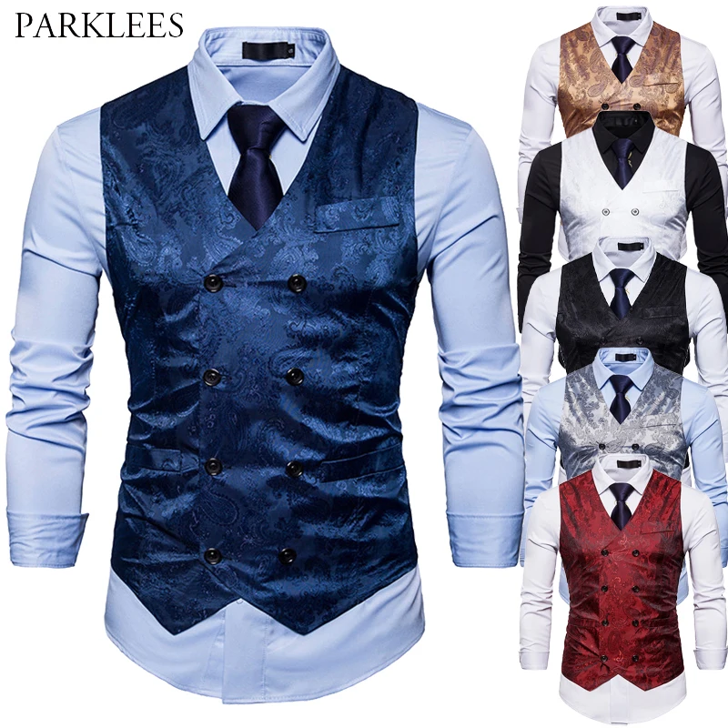 Men Vest Suit Colete Waistcoat Gentleman Masculino Formal Double-Breasted Dress Paisley-Print
