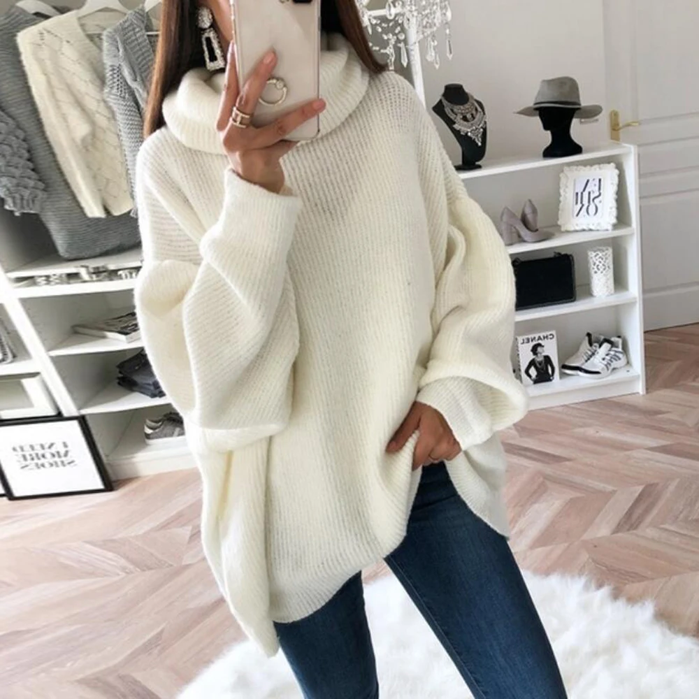 2020 Fashion Turtleneck Women Solid Knitted Sweaters Casual Loose Autumn Winter Warm Long Sleeve Pullover Sweater | Женская одежда