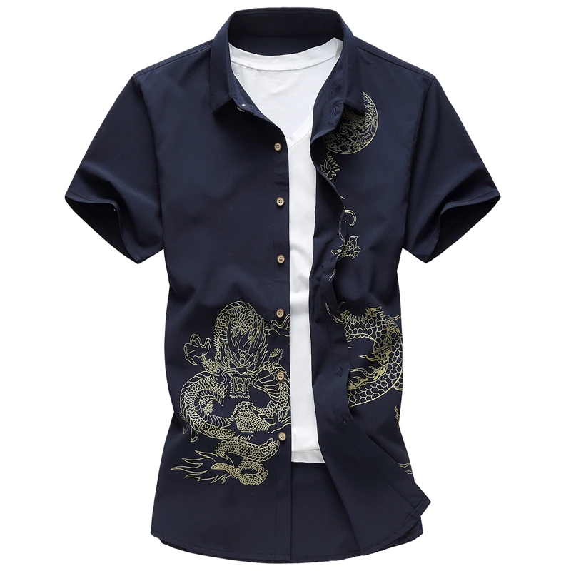 Chinese Style Men's Short Sleeve Shirt, Summer Black Printed