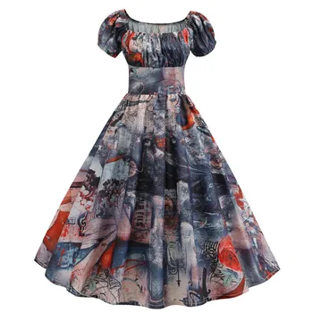 

Summer Dress 2020 Women Puff Sleeve 50S 60S Swing Vintage Dresses Robe Femme Elegant Floral Print Pin Up Party Dresses Jurken