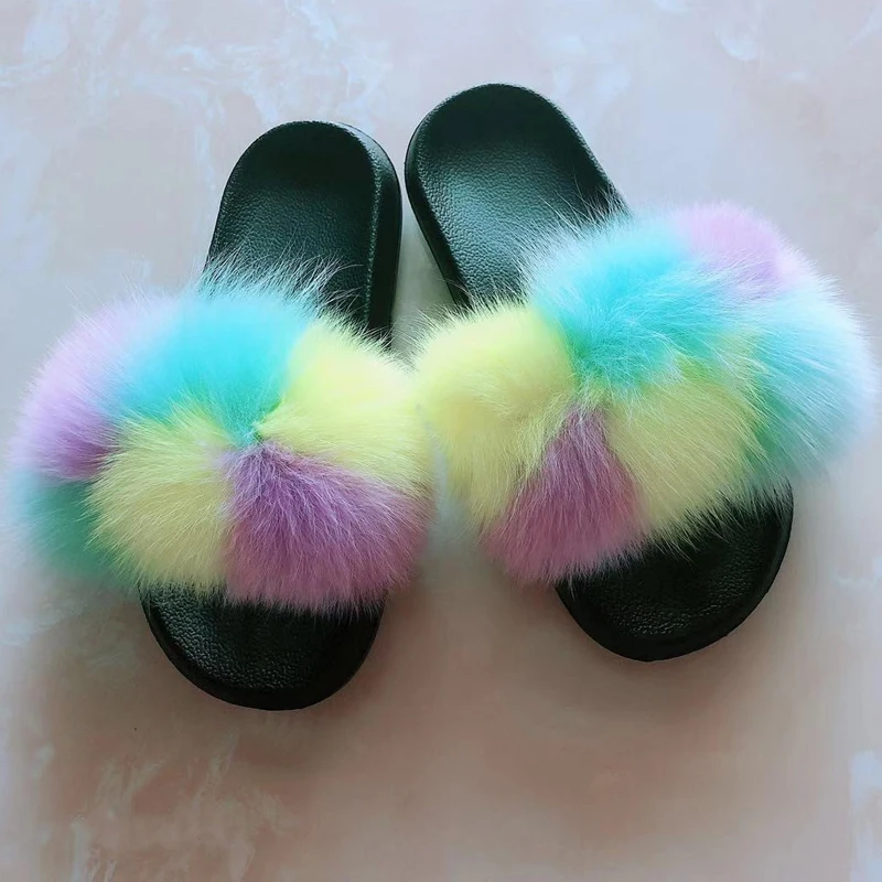 Г. Новые разноцветные тапочки с натуральным лисьим мехом повседневная обувь пушистые шлепанцы Вьетнамки Летняя женская обувь на меху