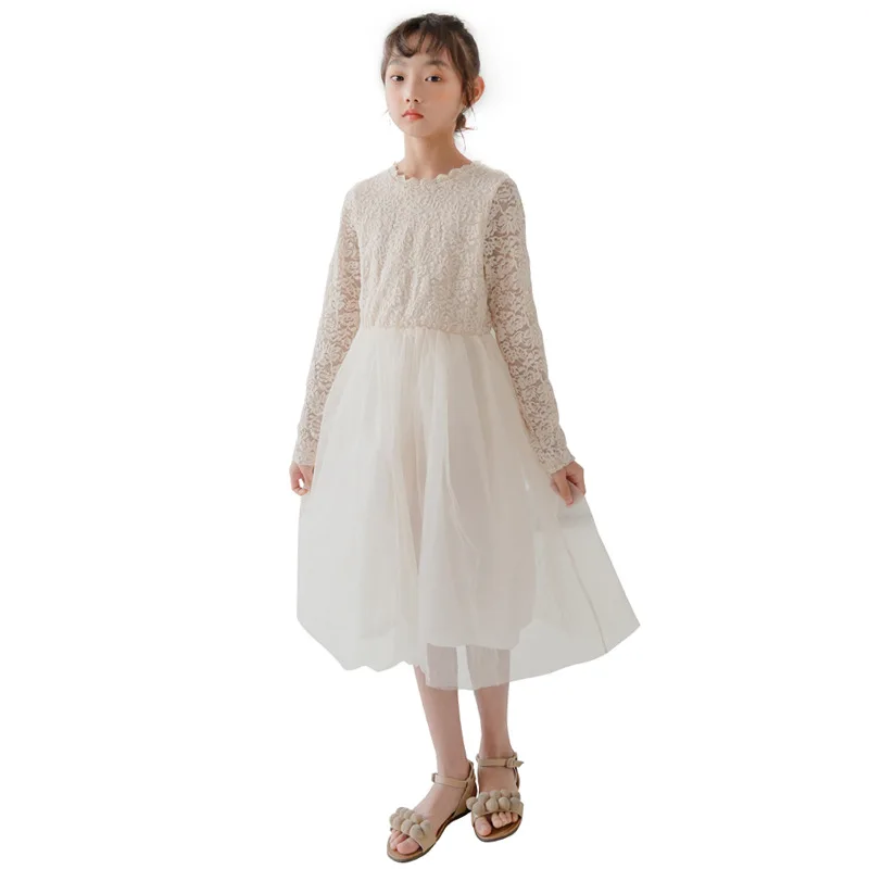 

white lace long dress age for 4-16 yrs teenage girls simple princess costume 2020 new autumn winter children clothes kids frocks