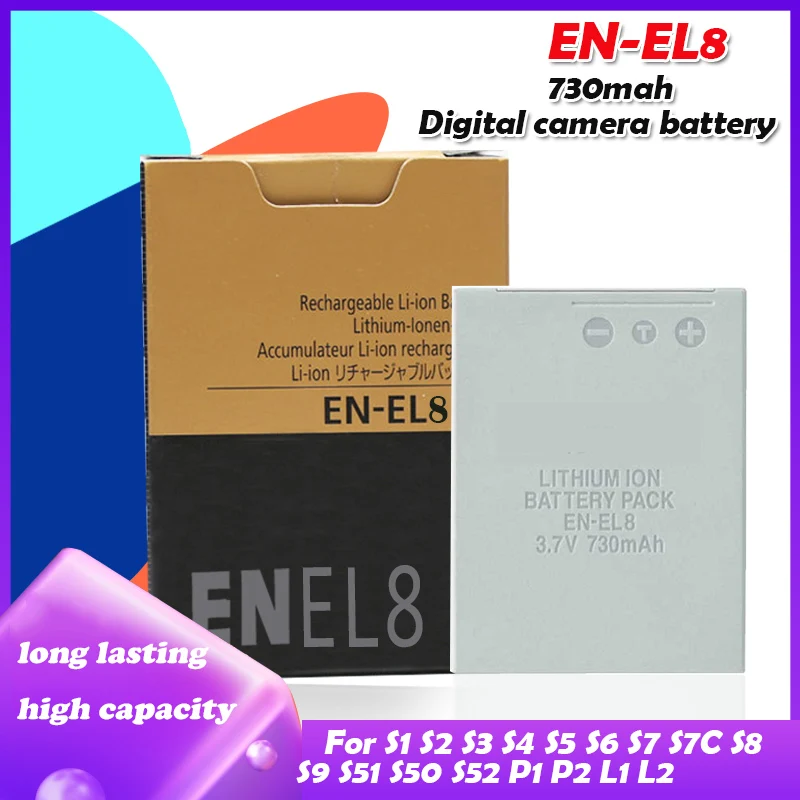 EN-EL8 En EL8 ENEL8 3.7V 730Mah Oplaadbare Camera Batterij Voor Nikon Coolpix S1 S2 S3 S4 S5 S6 s7 S7C S8 S9 S51 S50 S52 P1 P2