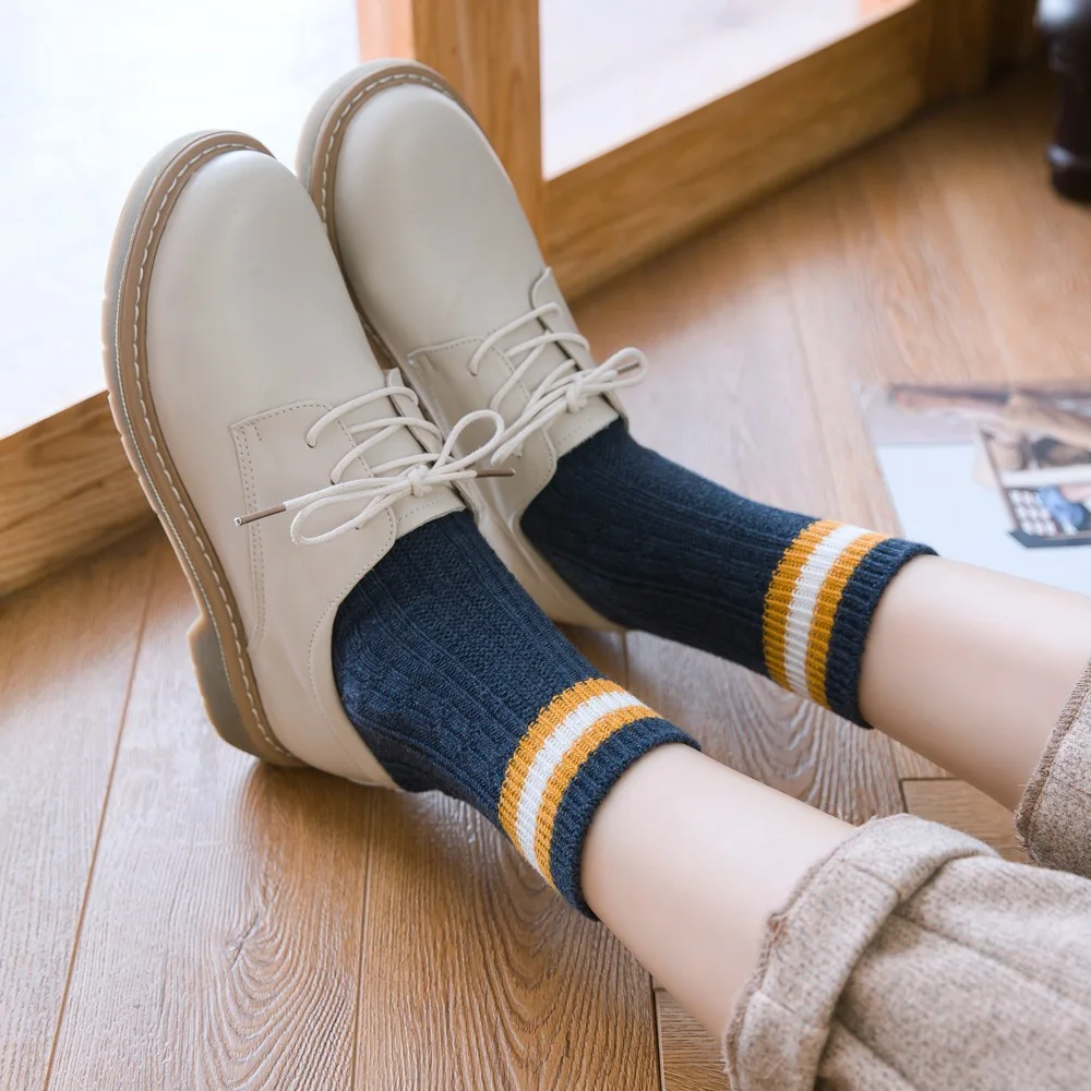 Женские теплые носки зимние утолщенные двойные иглы средней длины хлопковые носки с двумя полосками японский стиль, милый подарок для