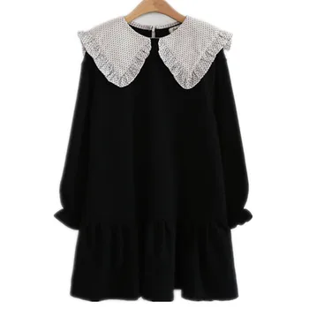 

4 to 14 years kids & teenager girls long sleeve dot print collar black flare dress child girl fashion fall winter cotton dresses