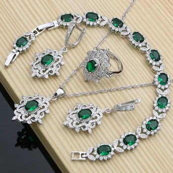 

Vintage Fashion Silver 925 Jewelry Sets Green Zircon Beads for Women Stones Bohemian Earrings Rings Necklace Set Dropshipping