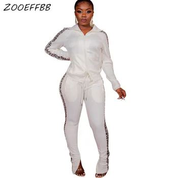 

ZKYZWXLeopard Splice Two Piece Set Tracksuit Women Matching Sets Jacket Top and Pant Sweat Suits 2 Piece Fall Winter Outfits