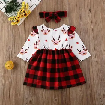 

Christams Dress for Baby Girl Fashion Clothes Outfit , Christmas Deer Print Long Sleeve Pullover Plaid Dress 0-24months