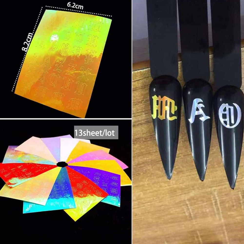 13pcs Flame Nail Sticker Set 3D Transfer English Letters Art DIY Self Adhesive Halloween Decal Wrap Foil Manicure Decor Craft