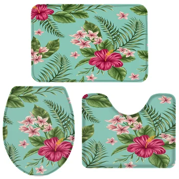 

3 Pieces Bathroom Set Flower Tropical Plants Bath Set Toilet Cover Mat Pedestal Rug Non-Slip Bathroom Rug Set