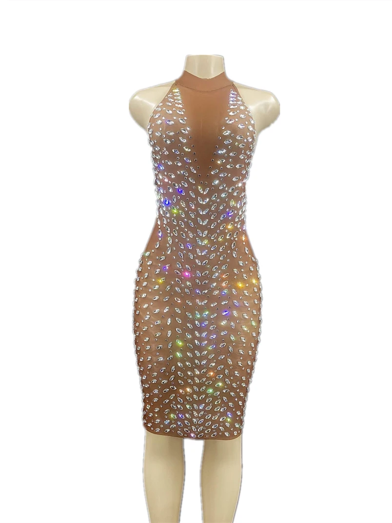 

Colorful Crystal Rhinestone Skinny Sleeveless Sheath Dress Women Party Prom Engagement Formal Dress Nightclub Singer Show Outfit