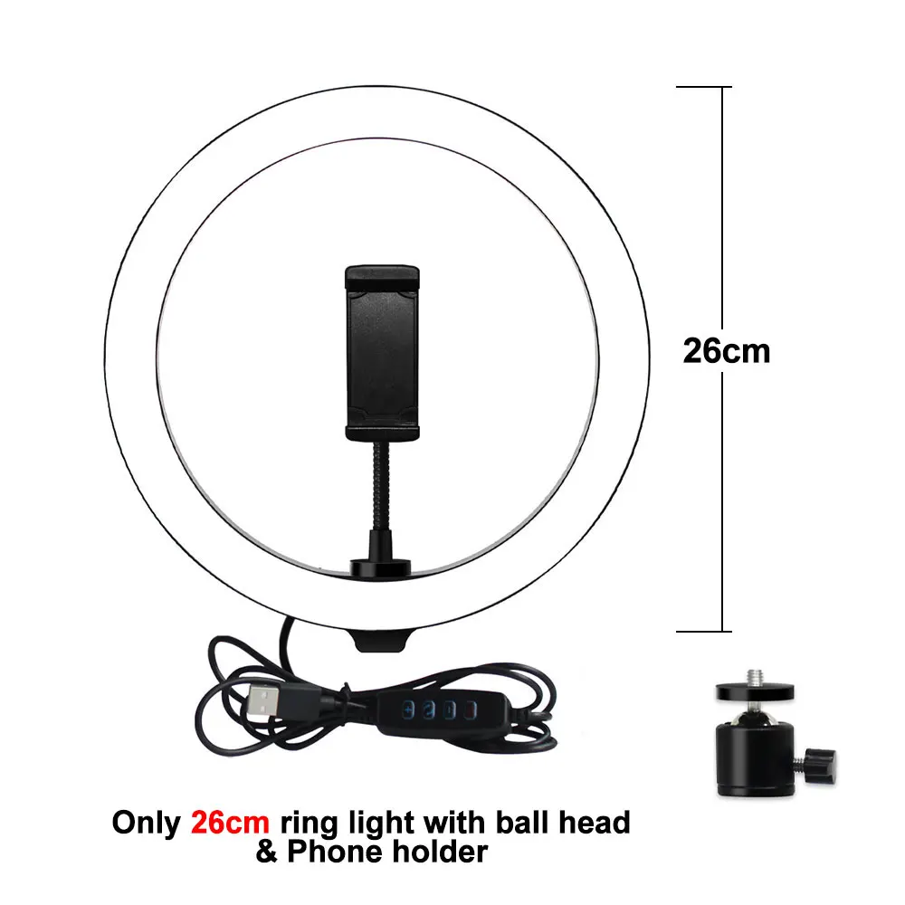only 26cm ring light 10 дюймов 26 см Светодиодная кольцевая лампа с регулируемой яркостью для селфи.3600K-5600K. с штативом трипод(160CM), телефонным держателем и USB кабель - Цвет: only 26cm ring light