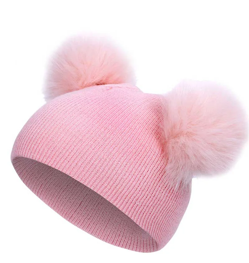 Теплые вязаные зимние шапки с двумя помпонами для младенцев, от 0 до 8 лет, детская шапка, шапка с двойным шаром, съемная милая шерстяная шапка