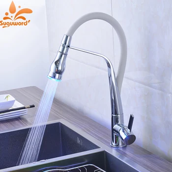 

Kitchen Faucets White Rubber LED Design Chrome Mixer Faucet for Kitchen Single Handle Pull Down Deck Mounted Crane for Sinks