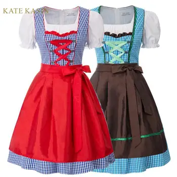 

Kate Kasin German Bavarian Dress Oktoberfest Costumes Women Cotton Dress+Tops+Apron 3pcs Set Dirndl Cosplay Costume Party Dress