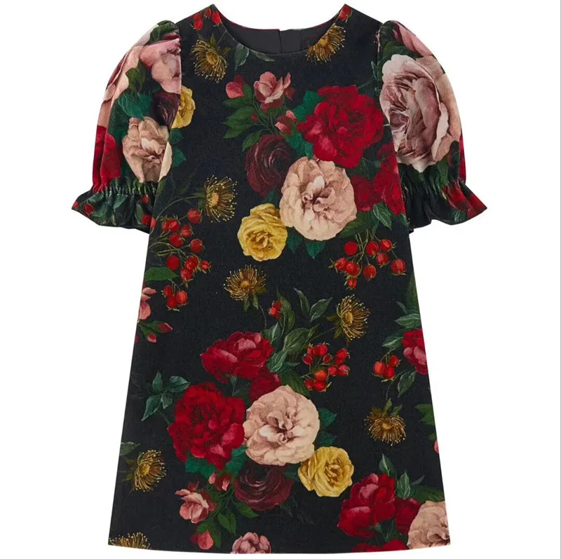 Новые детские платья с короткими рукавами; платье принцессы с цветочным принтом для девочек; летняя детская одежда; элегантная одежда для маленьких девочек 80-150