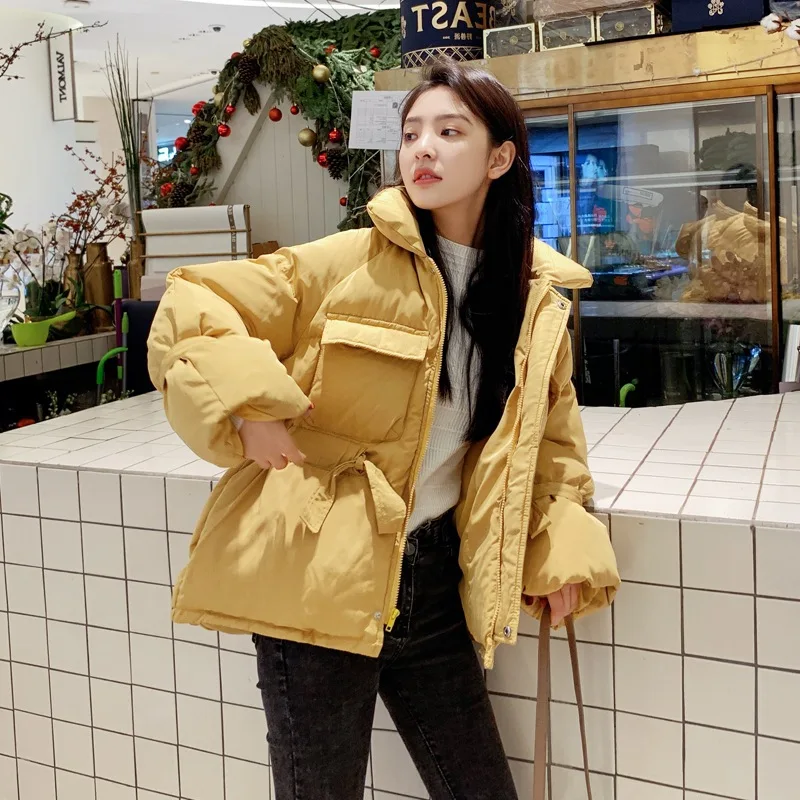 

Photo Shoot CHIC Sweet Drawstring Ginger Stand Collar Single Breasted Waist Hugging Best Friend-down Coat Cotton-padded Clothes