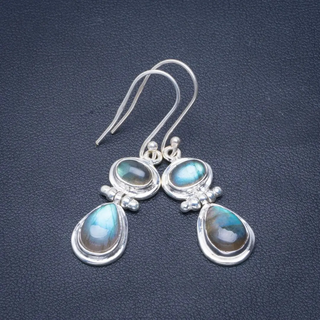 

Natural Blue Fire Labradorite Handmade Unique 925 Sterling Silver Earrings 1.75" B2496