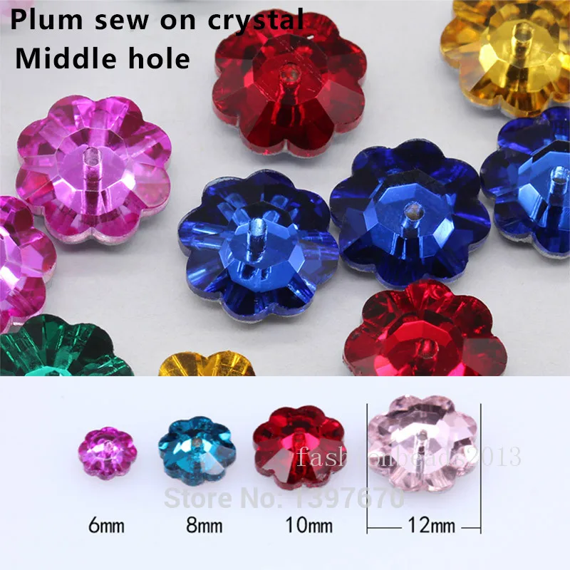 Sparkling plum flower Sewing Glass stone sew on Crystal Rhinestones jewels 1-hole beads button 6/8/10/12mm