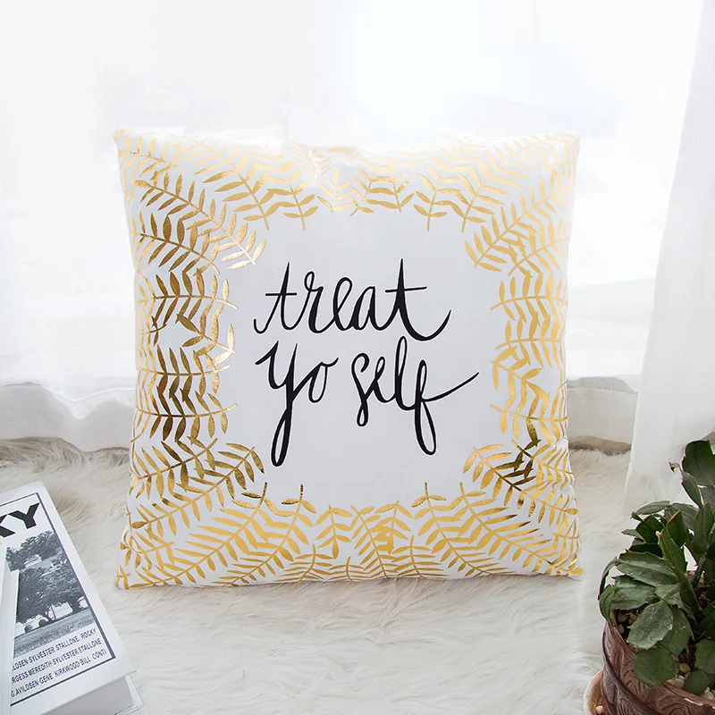 Golden Love Leaves Bronzing Cushion Decorative Pillow Black And White Velvet Pillowcase Home Decor Sofa Throw Pillows 17*17inch 4