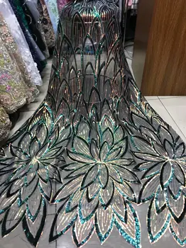 

5yards Latest French Lace Fabric 2019 Wholesale Green Lace Fabric With Sequins Sequence Lace Fabric for Wedding Party